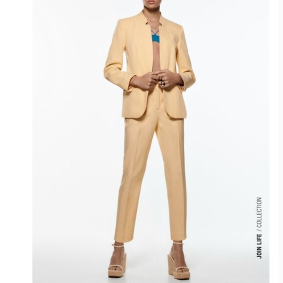 NWT ZARA SUIT 2 PIECES MATCH SET BASIC INVERTED LAPEL BLAZER + PANTS Yellow